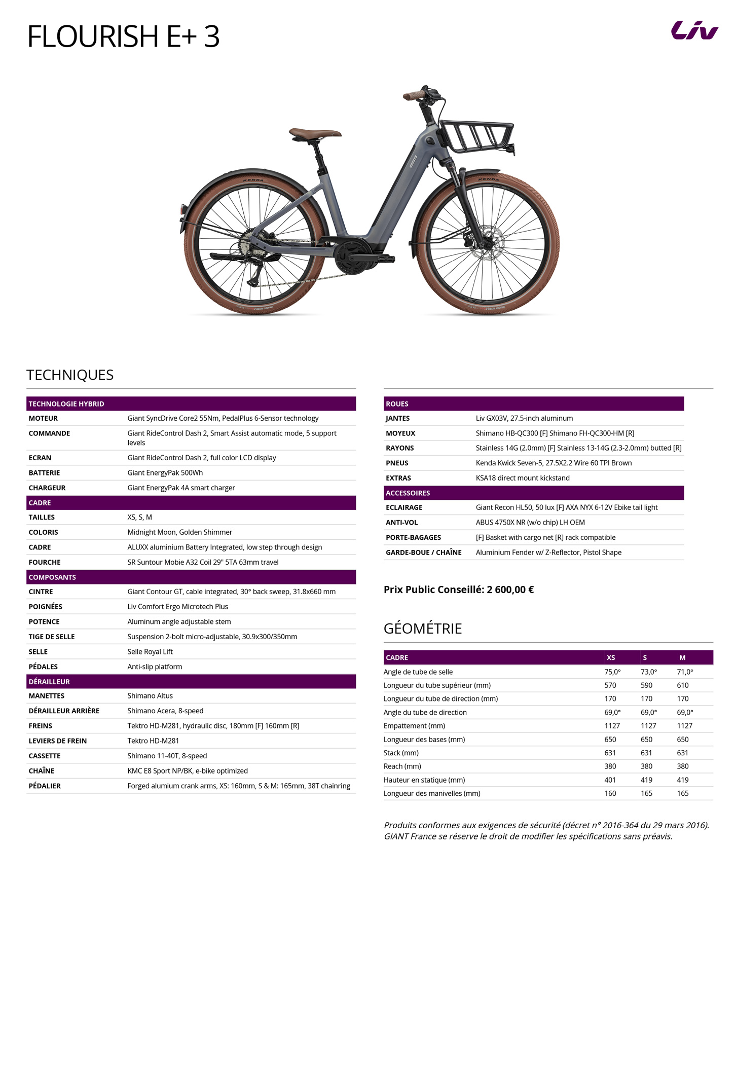 Fiche technique du velo élctrique Flourish E+ 3 année 2027